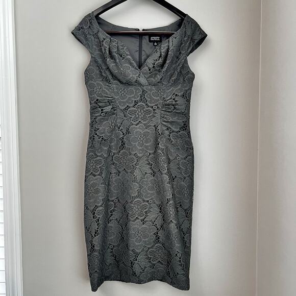 Adrianna Papell Gray Lace Sheath Dress Sz 8 Formal Cocktail Wedding Fitted - Picture 1 of 11